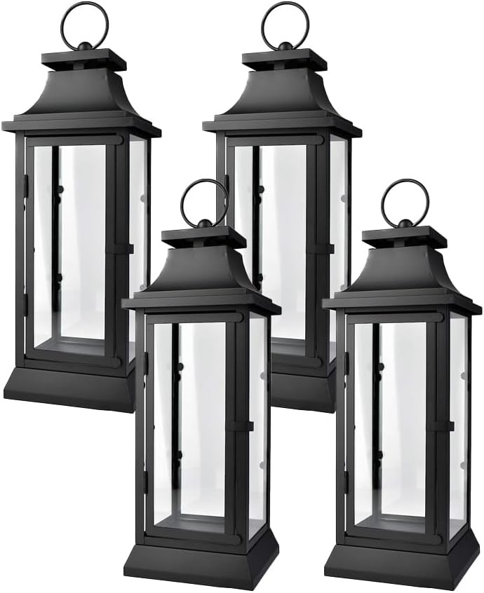 Serene Spaces Living Black Decorative Hurricane Lantern with Clear Glass Panels, Medium Indoor Outdoor Lantern for Porch, Events, Parties & Tabletop Decor, 5" Square & 15" Tall, Pack of 4 | Amazon (US)