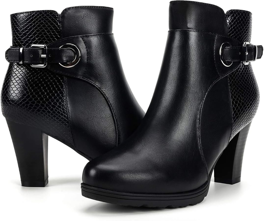 mysoft Women's Zipper Booties Chunky Stacked Heel Ankle Boots Buckle Strap Ankle | Amazon (US)