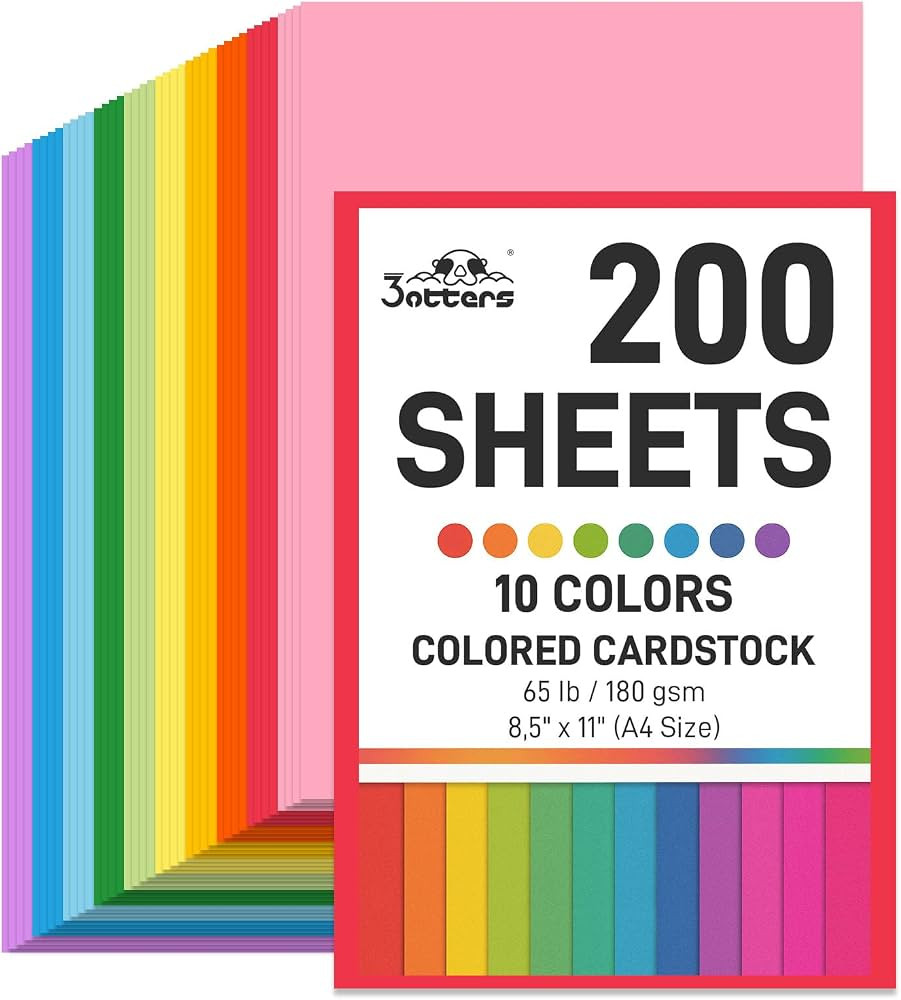 3 otters 200Sheets Construction Paper, Cardstock 8.5" x 11 ", 10 Assorted Colors Card Stock Print... | Amazon (US)