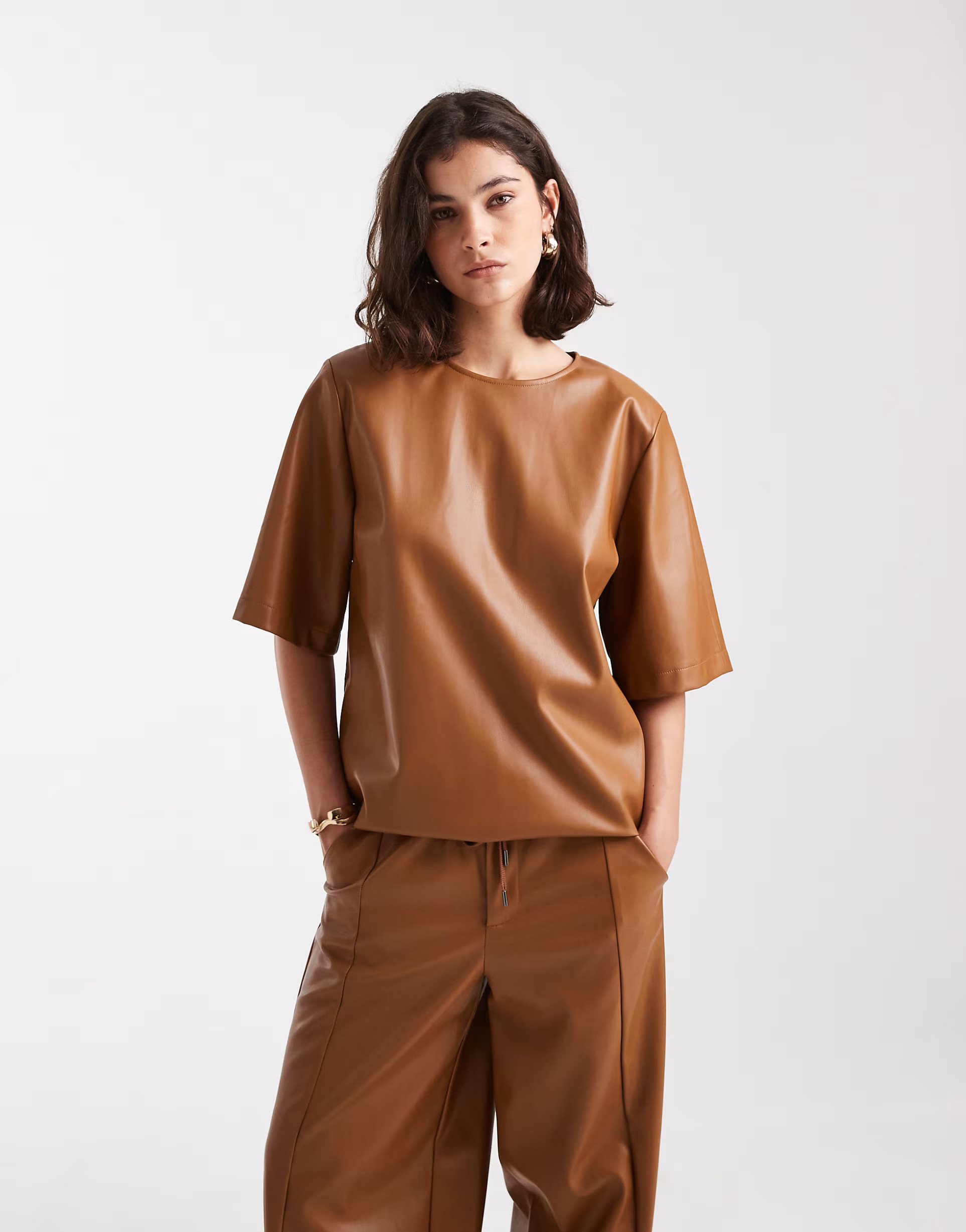 ASOS DESIGN faux leather oversized top in caramel - part of a set | ASOS | ASOS (Global)