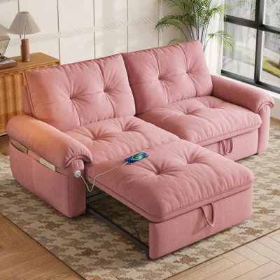 77.5" Pull Out Sleeper Sofa Bed Loveseat Chaise 3 In 1 Velvet Convertible Couch With USB Charging & Side Pocket & Adjustable Backrest & Tufted Design | Wayfair North America