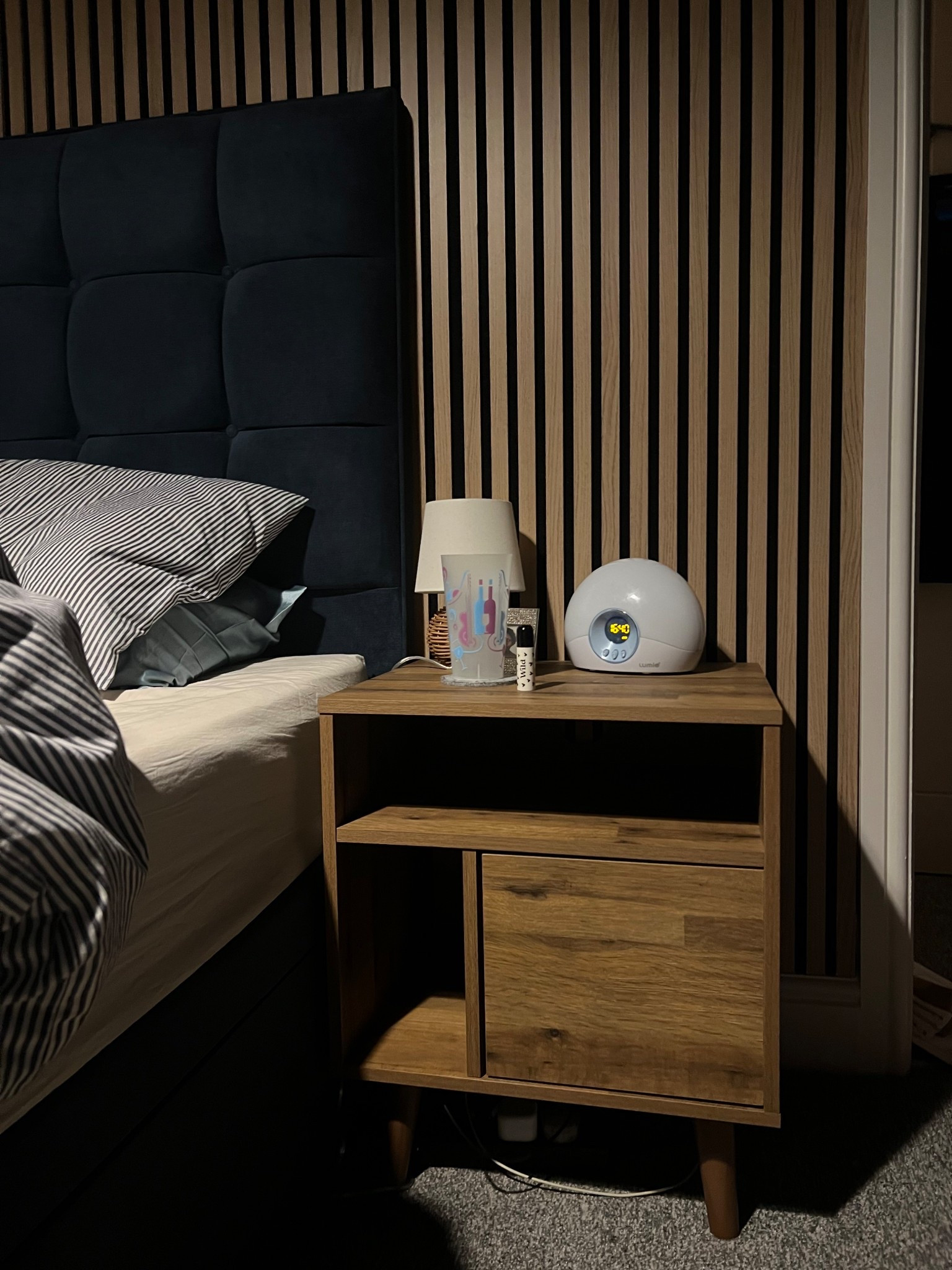 Bedroom, navy, blue, oak, small lamp, bedside table, sad light, sad lamp, lumi clock, ottoman bed, king size bed, mattresss

#LTKuk #LTKhome #LTKsale