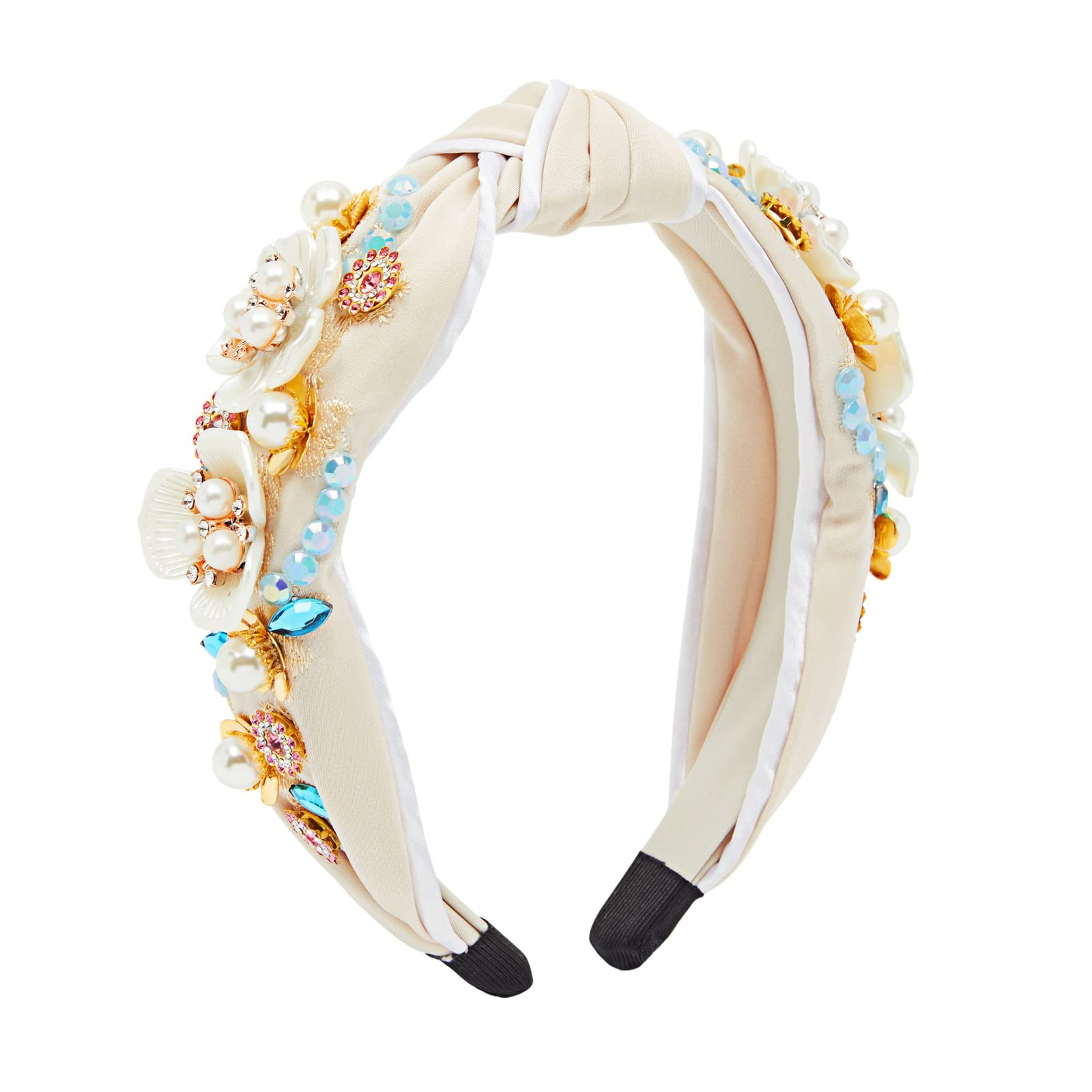 Twisted Knot Jeweled Headband for Women, Beaded Floral Design (6 In, Cream Color) | Amazon (US)