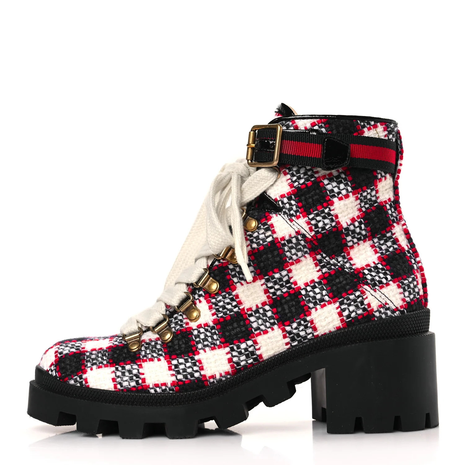 Vintage Tweed Check Lace Up Combat Ankle Boots 38 White Hibiscus Red Marine | FASHIONPHILE (US)