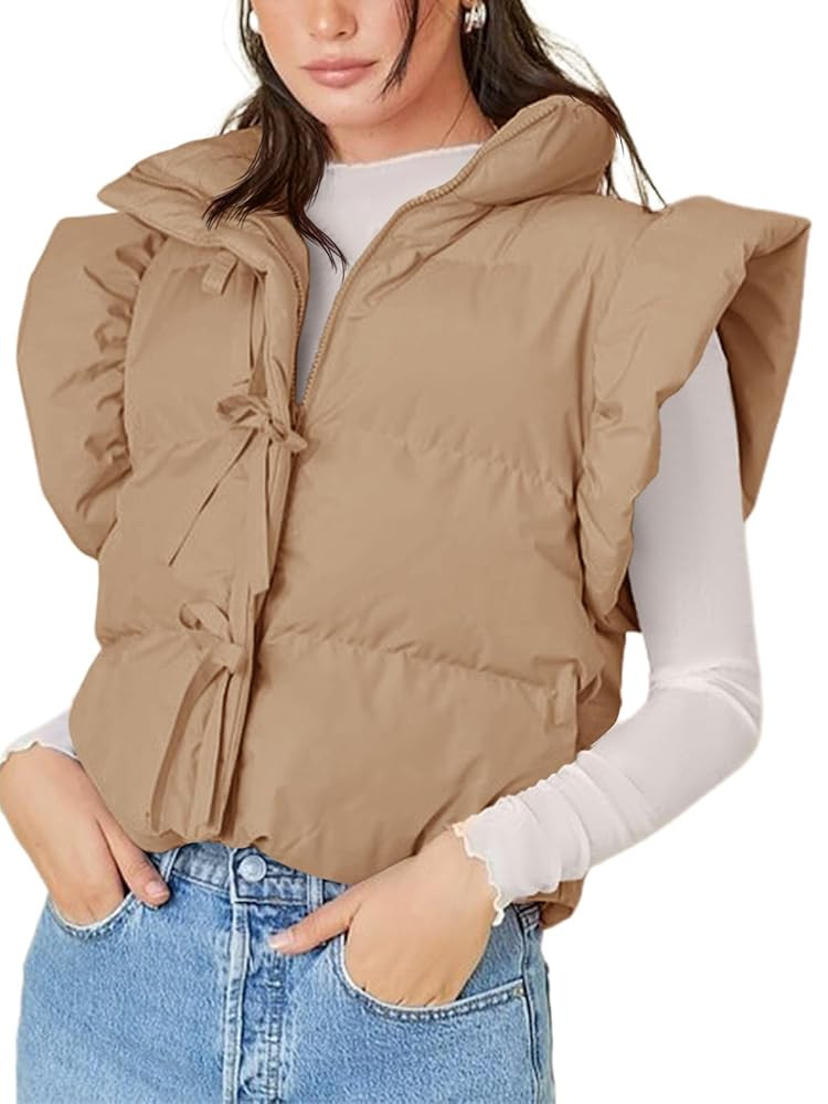 Tankaneo Womens Cropped Puffer Vest Ruffle Sleeveless Tie Front Stand Collar Quilted Vest Winter ... | Amazon (US)