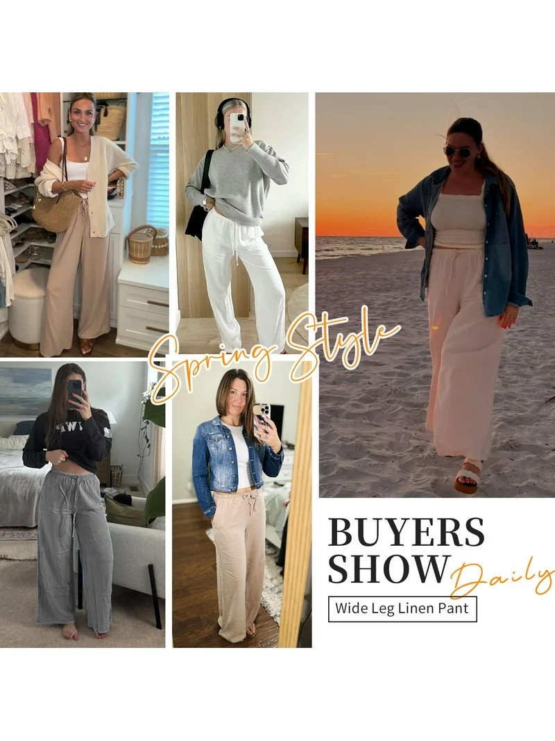 TEMOFON Pants for Women Wide Leg Linen Pant White Summer Casual Palazzo Flowy Pants with Pocket D... | Walmart (US)
