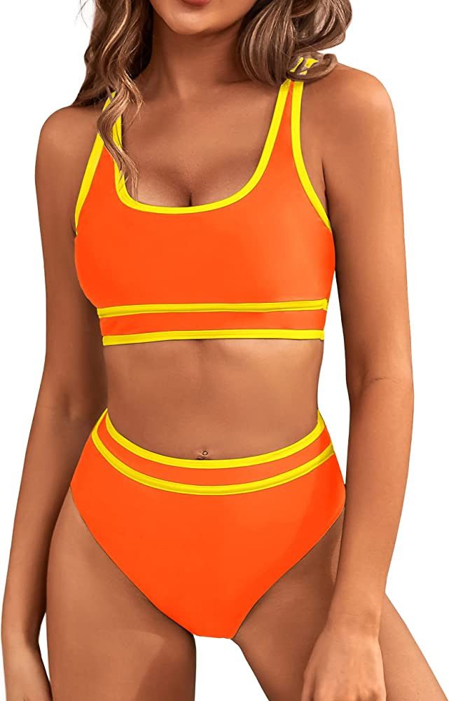 BMJL Women's High Waisted Bikini Sets Sporty Two Piece Swimsuit Color Block Cheeky High Cut Bathi... | Amazon (US)