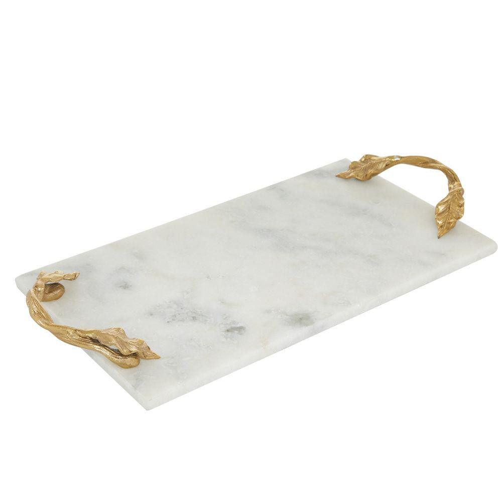 Benjara 21 in. D x 10 in. W x 2 in. H White and Gold Rectangular Marble Serving Tray with Metal Hand | The Home Depot