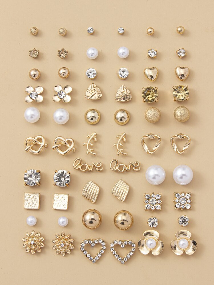 30pairs Rhinestone & Faux Pearl Decor Stud Earrings | SHEIN