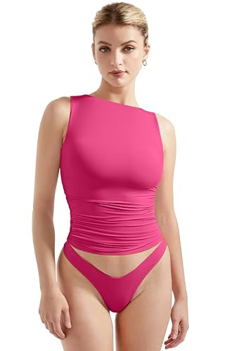 SUUKSESS Women Double Lined Going Out Basic Tank Tops Ruched Summer T Shirts | Amazon (US)