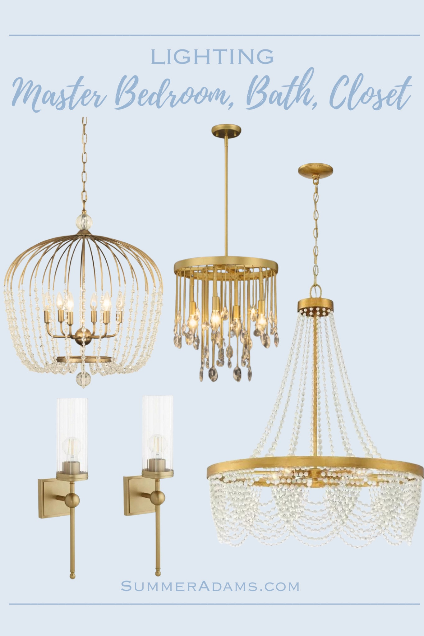 Master bedroom, closet, and bathroom lighting for our new home.🤩✨✨✨✨


Gold lighting 
Gold chandeliers 
Gold wall sconces 

#LTKfindsunder100 #LTKhome #LTKstyletip
