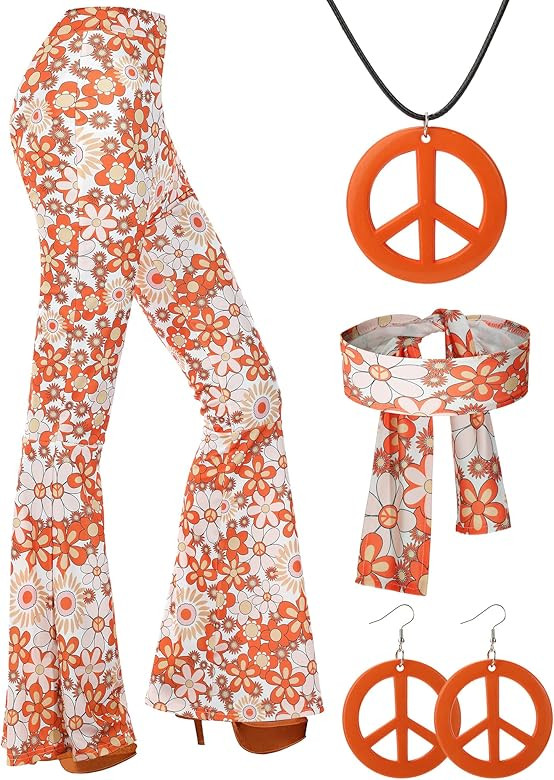 70s Women Hippie Costume Accessories, Boho Flare Pants Tie Dye Headband Peace Sign Necklace Earri... | Amazon (US)