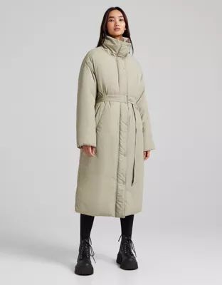 Bershka belted nylon padded coat in khaki | ASOS (Global)