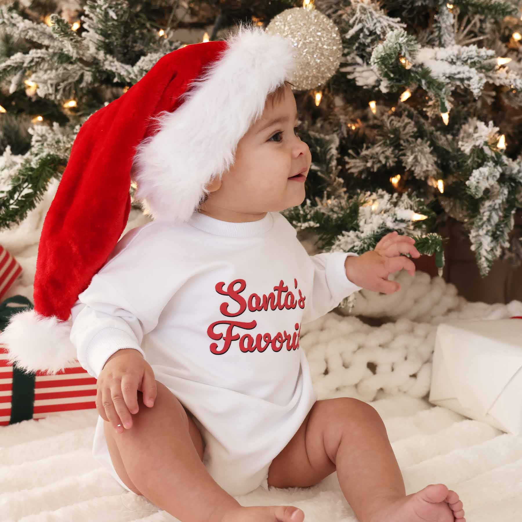 Santa's Favorite Kid Sweatshirt & Sweatshirt Bubble Romper | White | Caden Lane