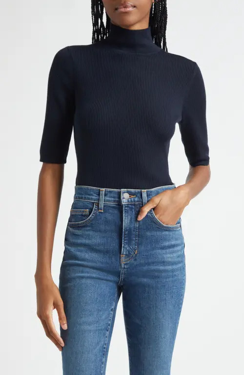 Veronica Beard Alastair Rib Short Sleeve Merino Wool Sweater in Navy at Nordstrom, Size Small | Nordstrom