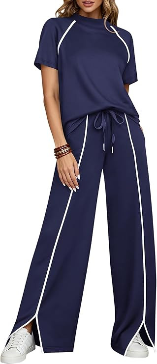 BTFBM Casual Two Piece Sets For Women Summer Outfits Solid Matching Sweatsuit Lounge Set Wide Leg... | Amazon (US)