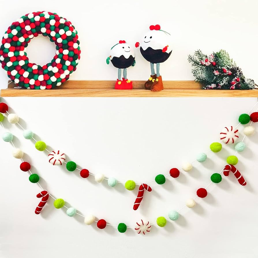 Christmas Felt Ball Garland - Peppermints Candy Cane Pom Pom Garland, Hand-Made from Natural Wool... | Amazon (US)