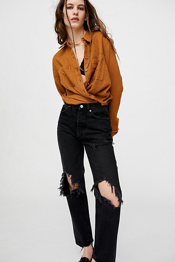 BDG Premium High-Waisted Relaxed Straight Jean - Distressed Black Denim | Urban Outfitters (US and RoW)
