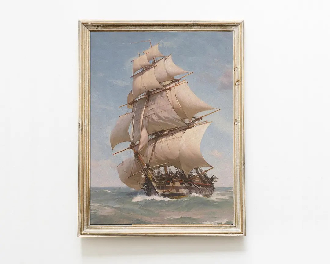 Printable Full Sail Ship Painting Antique Ocean Painting Vintage Coastal Art Nautical Antique Ver... | Etsy (US)