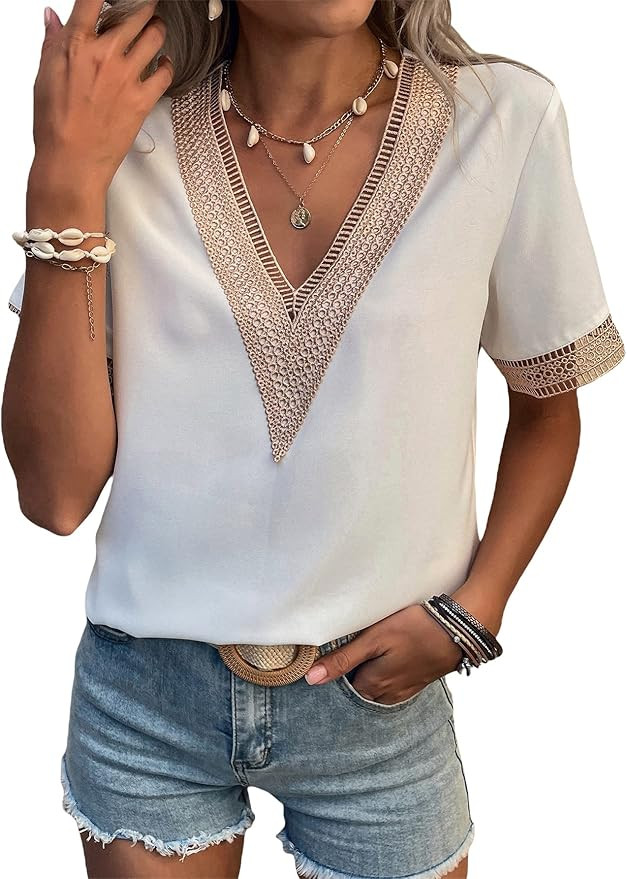 SheIn Women's Guipure Lace Deep V Neck Short Sleeve Shirt Colorblock Blouse Top | Amazon (US)
