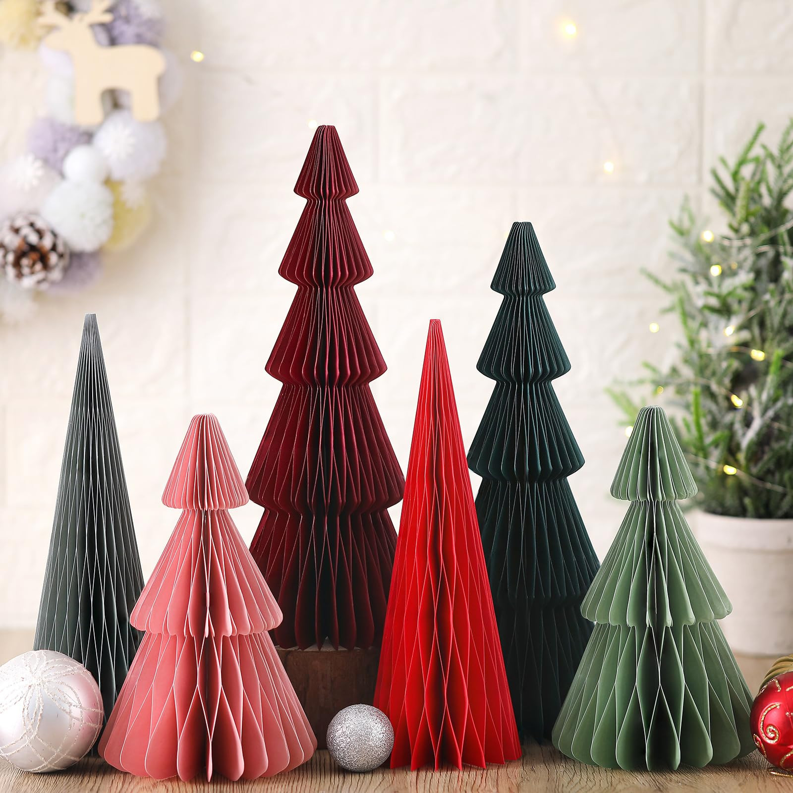 6 Pcs Neutral Christmas Tree Honeycomb Centerpiece Minimalist 3D Paper Trees Centerpiece Rustic Reusable Table Decorations for Home Decor Xmas Gift(Green, Red) | Amazon (US)