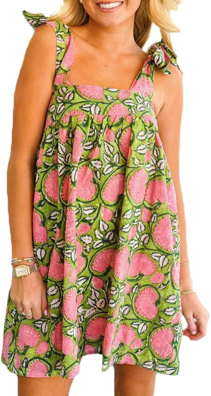 Women Tie Shoulder Mini Dress Floral Ruffle Babydoll Dress Boho Square Neck Sundress Cute Summer ... | Amazon (US)