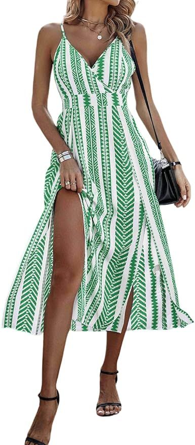 AHAIJ Women's Summer Spaghetti Strap Maxi Dress Casual Wrap V Neck Floral Print Split Beach Long ... | Amazon (US)