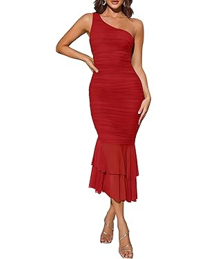 ZESICA Women's One Shoulder Summer Dress Sleeveless Mesh Ruched Bodycon Sexy Formal Cocktail Midi... | Amazon (US)