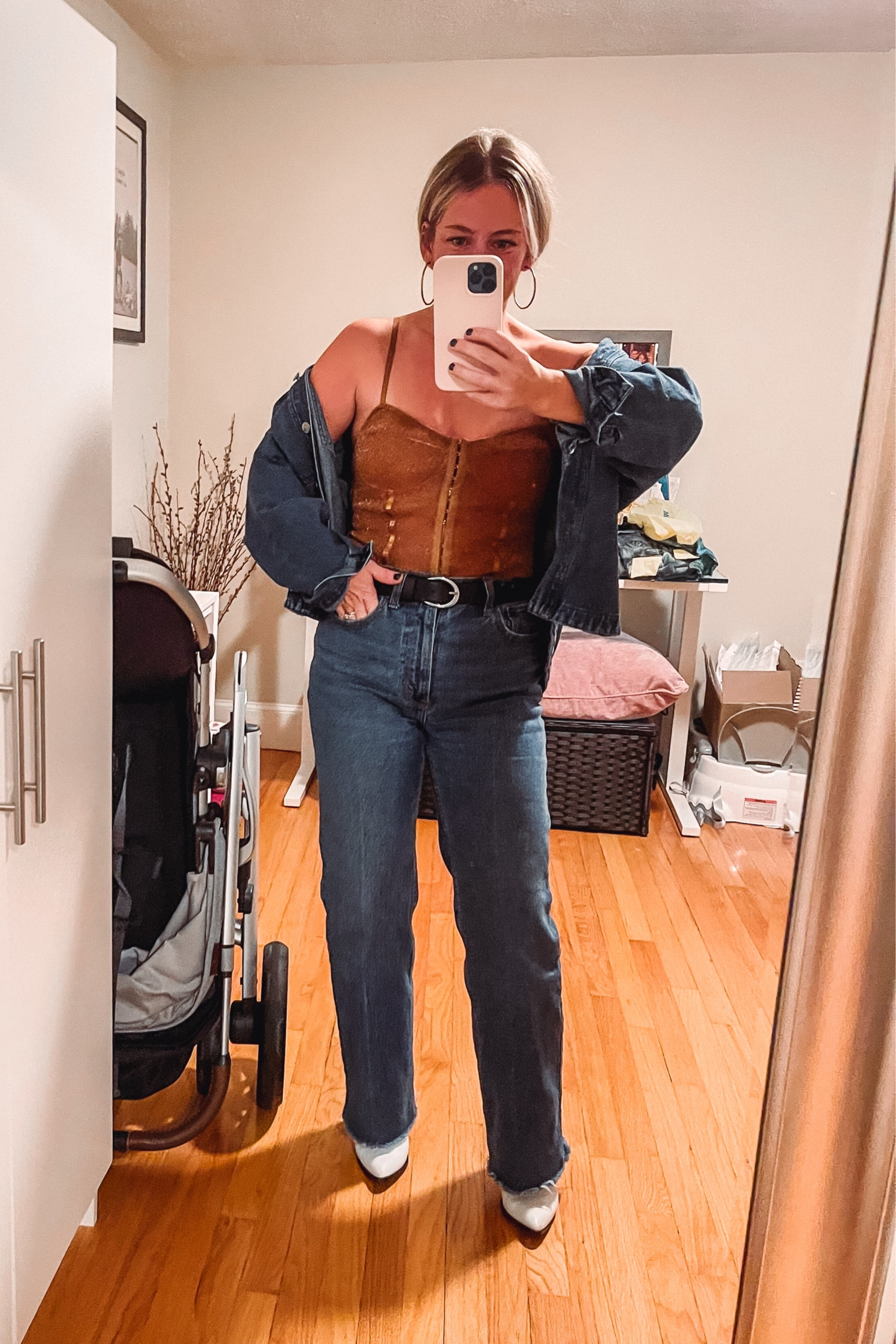 Fall look!
Night out girls night date night 
Concert look
Denim on denim
White boot 
Black belt 
High waist denim 
Free people corset bodysuit comes in so many colors and variations! 

#LTKStyleTip #LTKSeasonal #LTKSaleAlert