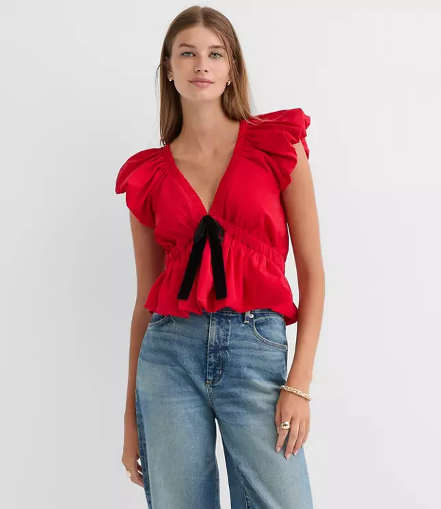 Velvet Bow Flutter Peplum Top | LOFT