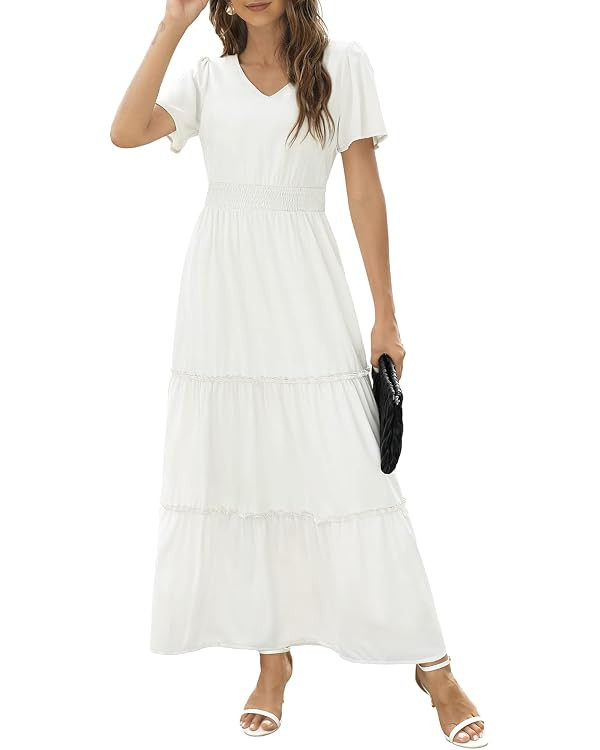 Zattcas Womens 2026 Long Summer Dress Short Flutter Sleeve V Neck Casual Smocked Tiered Modest Fl... | Amazon (US)