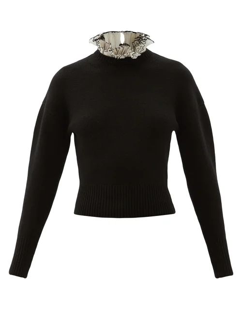 Alexander Mcqueen - Ruffled-collar Wool-blend Sweater - Womens - Black White | Matches (US)