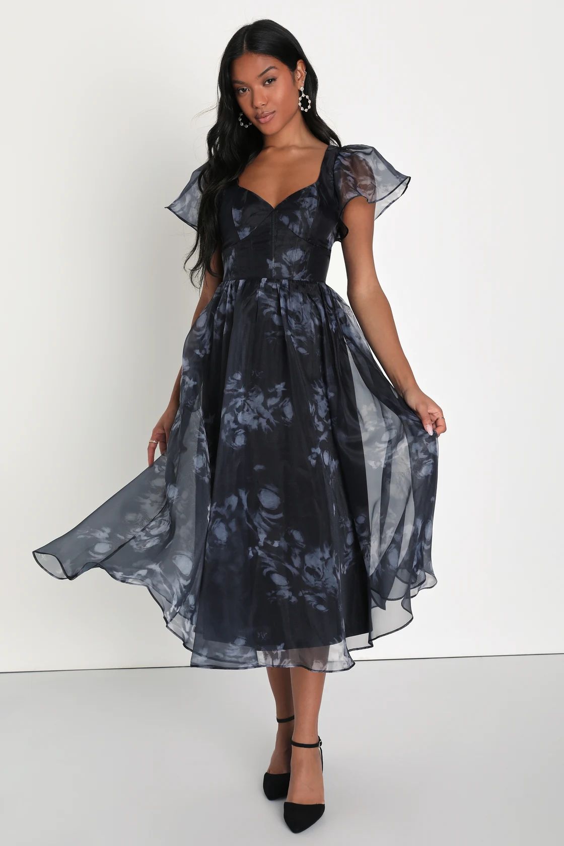 Mesmerizing Mood Black Floral Organza Ruffled A-Line Midi Dress | Lulus (US)