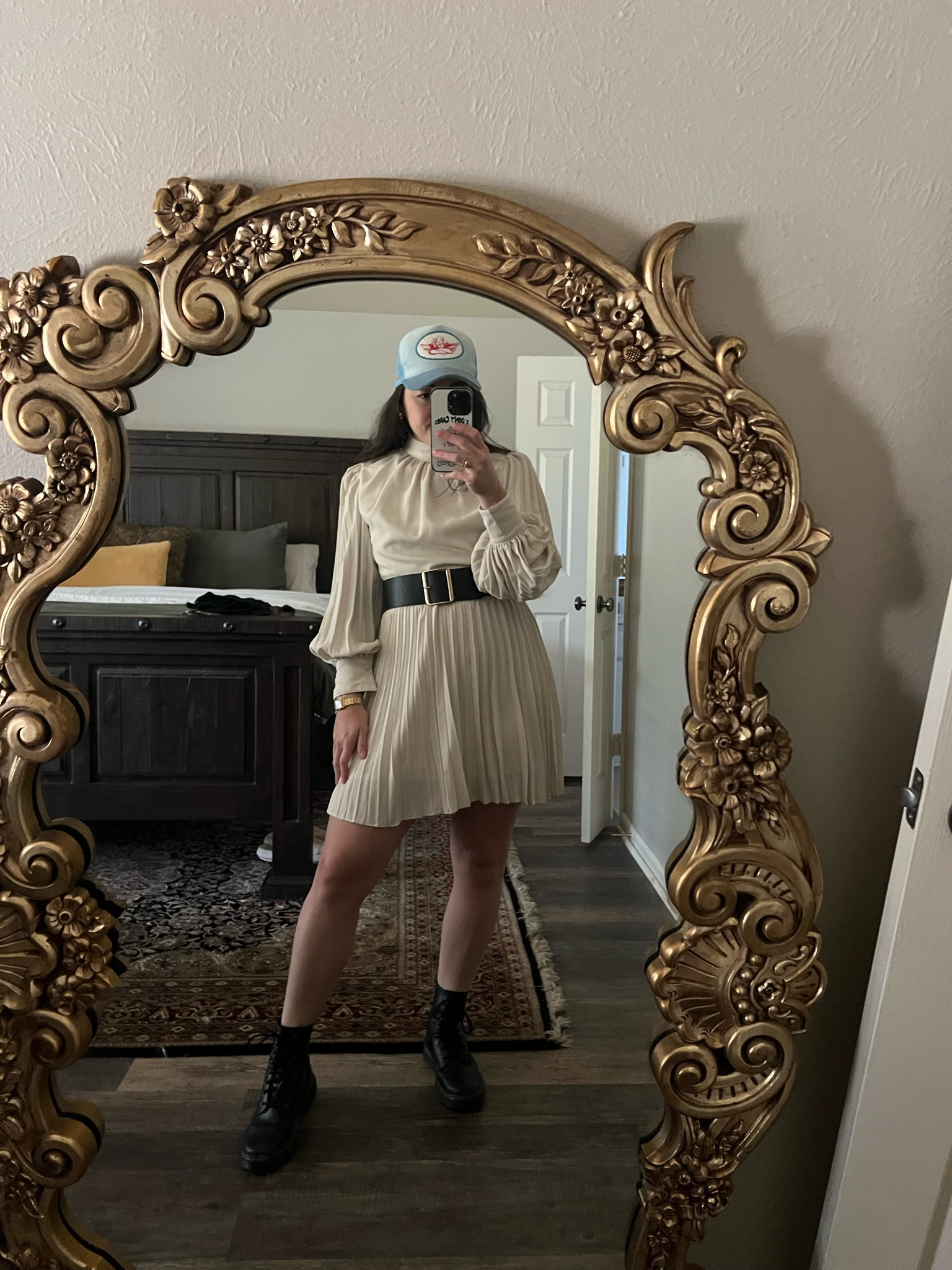 Fall transition outfit 
Wearing black boots, a trucker hat, and a tan dress 
The boots run a bit large, so I would suggest go a half size down! Trucker hat is from Boys Lie 

#LTKshoecrush #LTKworkwear