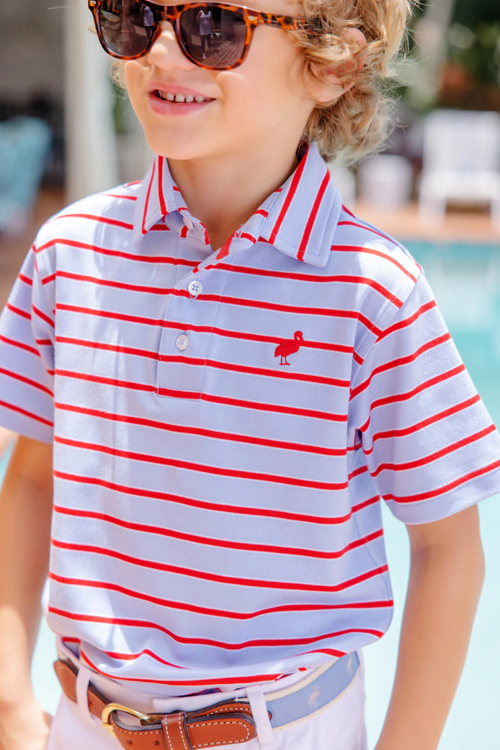 Prim & Proper Polo & Onesie - Broward Blue Stripe with Richmond Red Stork | The Beaufort Bonnet Company