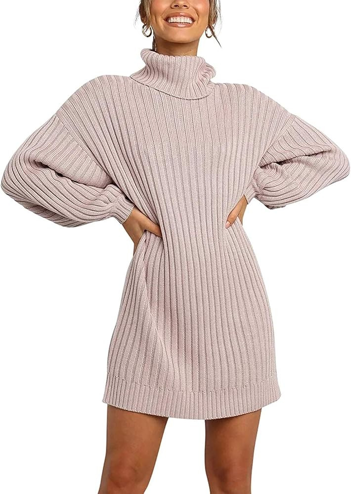 Pink Queen Womens Oversized Turtleneck Sweater Dress Loose Balloon Sleeve Ribbed Knit Pullover Dr... | Amazon (US)