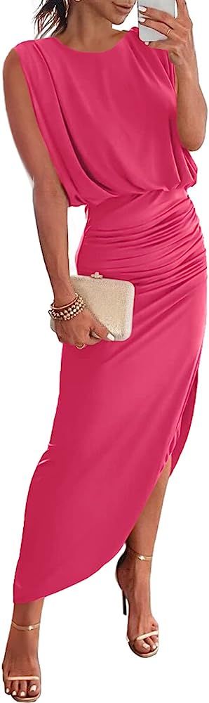 ANRABESS Women 2023 Summer Sleeveless Ruch Bodycon High Waist Asymmetric Slit Cocktail Maxi Dress | Amazon (US)