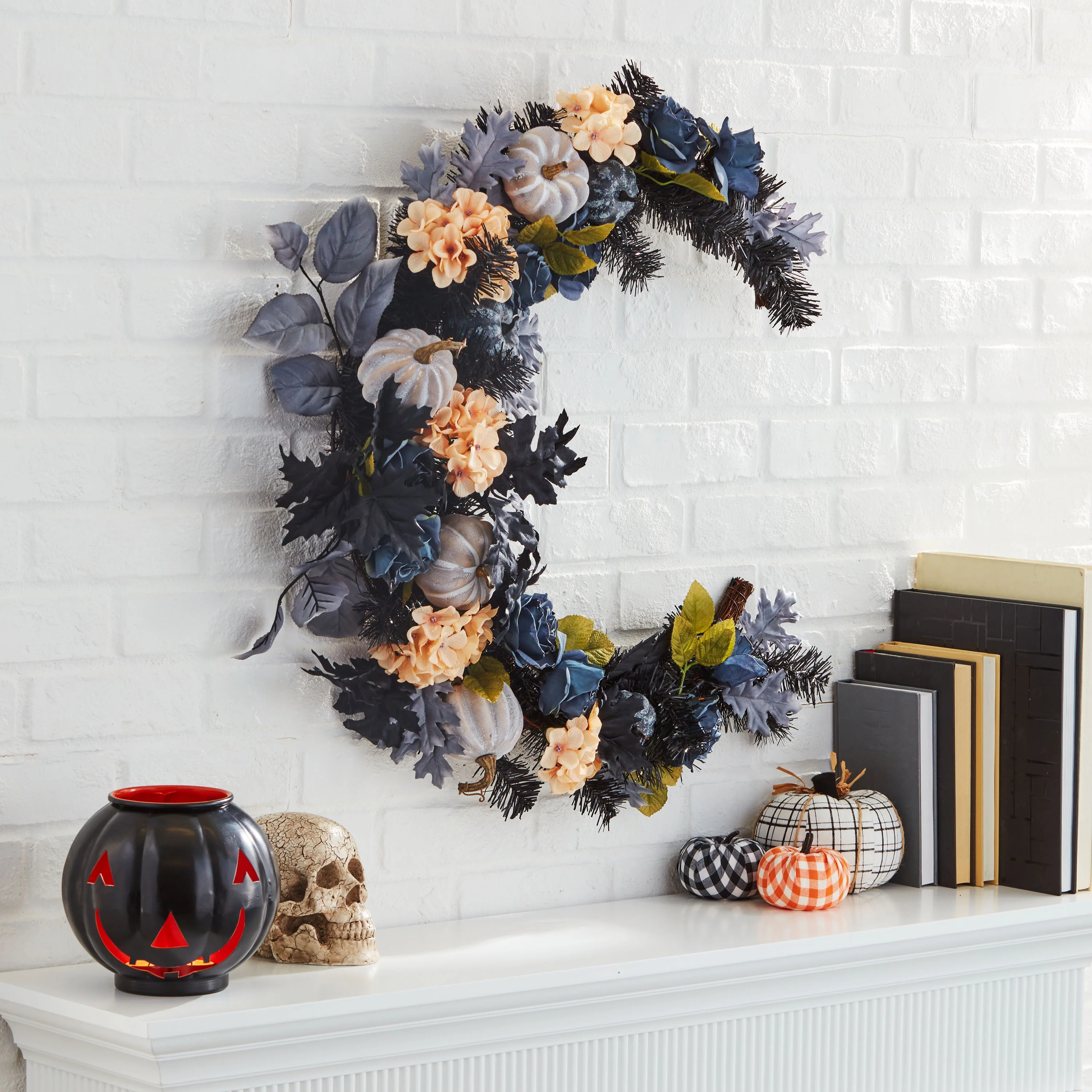 Way to Celebrate Halloween Roses and Harvest Leaves Moon Wreath, 28 Inches, Blue - Walmart.com | Walmart (US)