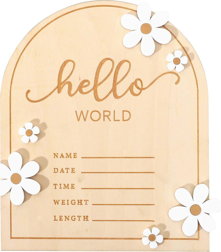 Wooden Hello World for Baby Showers - Newborn Birth Announcement Board,Daisy Wooden Baby Mileston... | Amazon (US)