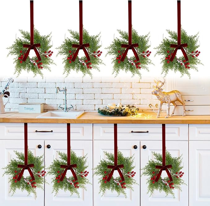 8Pcs Small Christmas Wreaths for Kitchen Cabinets - 9 Inch Mini Wreaths for Cabinets with Berry a... | Amazon (US)