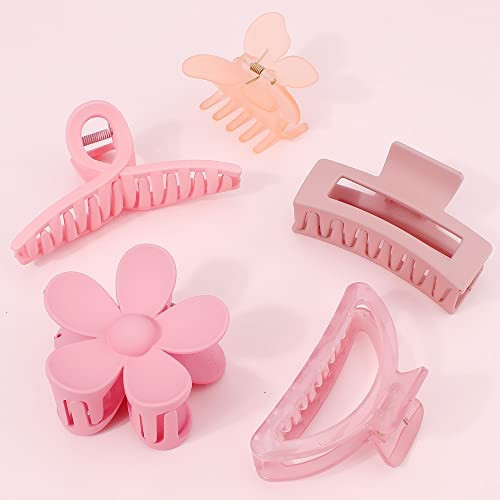 Ahoney 5 Pack Cute Pink Hair Clips 3.4-4.3 Inch Jaw Clips for Hair Big Hair Clamp Butterfly Flower Pink Hair Accessories for Women Non Slip Hair Styling for Girls | Amazon (US)