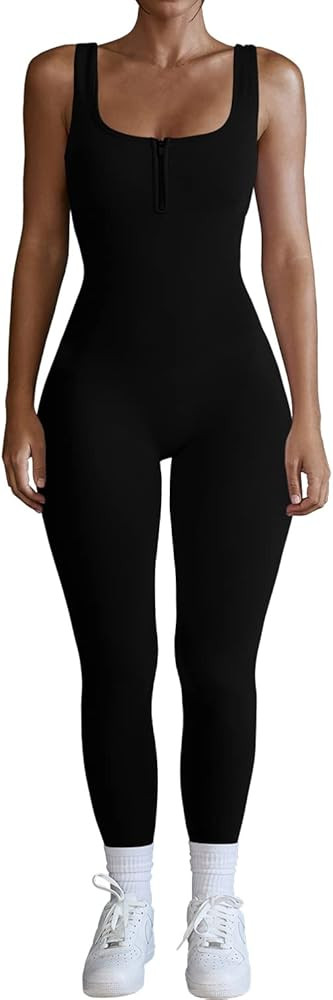 QINSEN Womens Zip Front Square Neck Tank Top Sleeveless Jumpsuit Long Pants Yoga Unitard Rommpers | Amazon (US)
