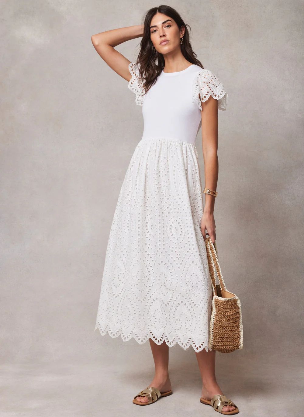 White Jersey Broderie Midi Dress | Mint Velvet
