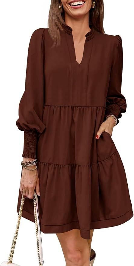 Imily Bela Womens Fall Long Sleeve Tunic Dress Casual V Neck Loose Ruffle Tiered Dress | Amazon (US)