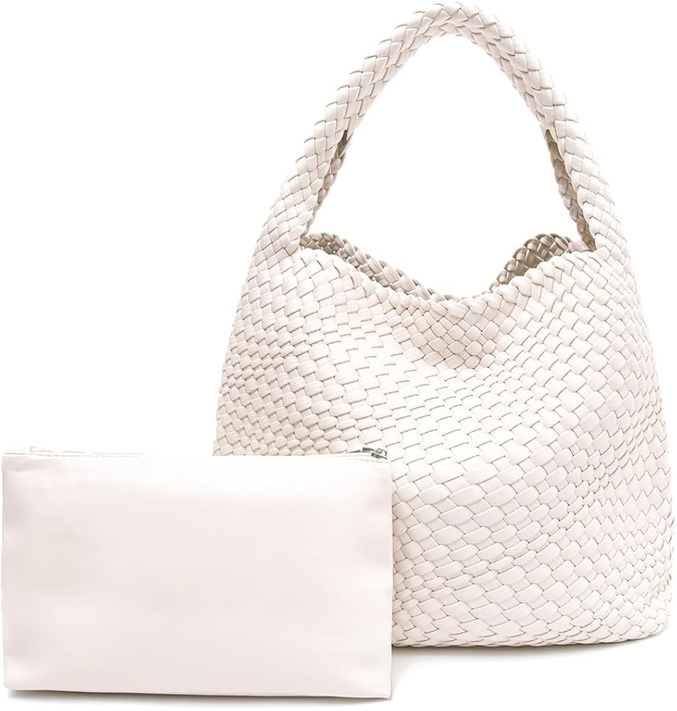 Women Woven Tote Bag, Soft Vegan Leather Top-handle Handbag, Large Capacity Underarm Bag with Pur... | Amazon (US)