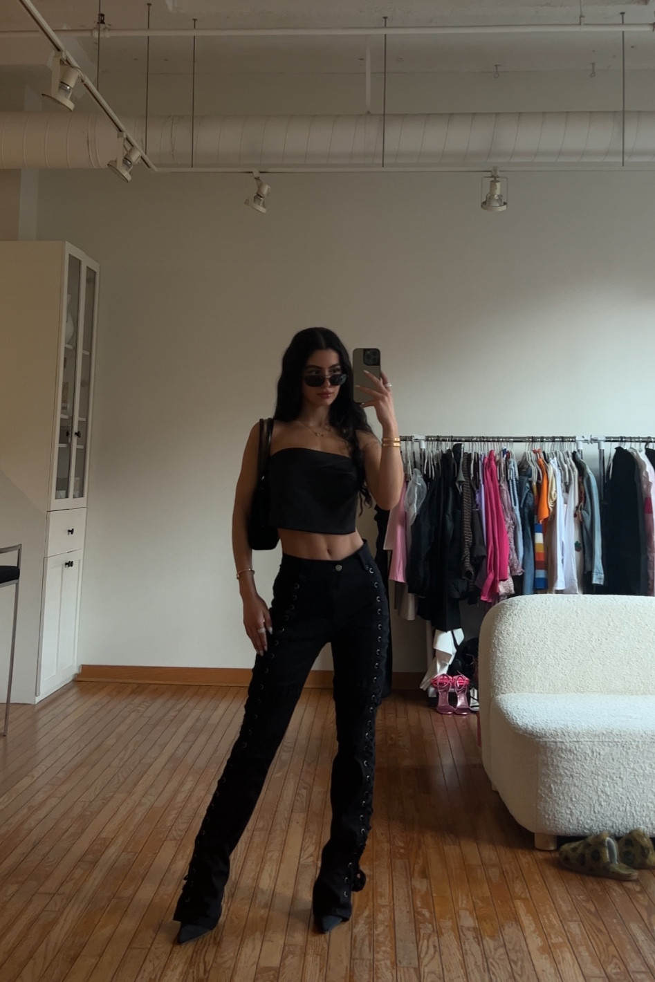 All black outfit

Sunglasses- giant vintage
Top - superdown revolve
Pants - akira
Heels - vintage
Bag - vintage gucci