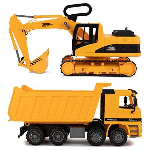 Excavator & Dump Truck Toy for Kids (Set of 2) – Moveable Claw & Lifting Back – Garbage Truck & Bull | Amazon (US)