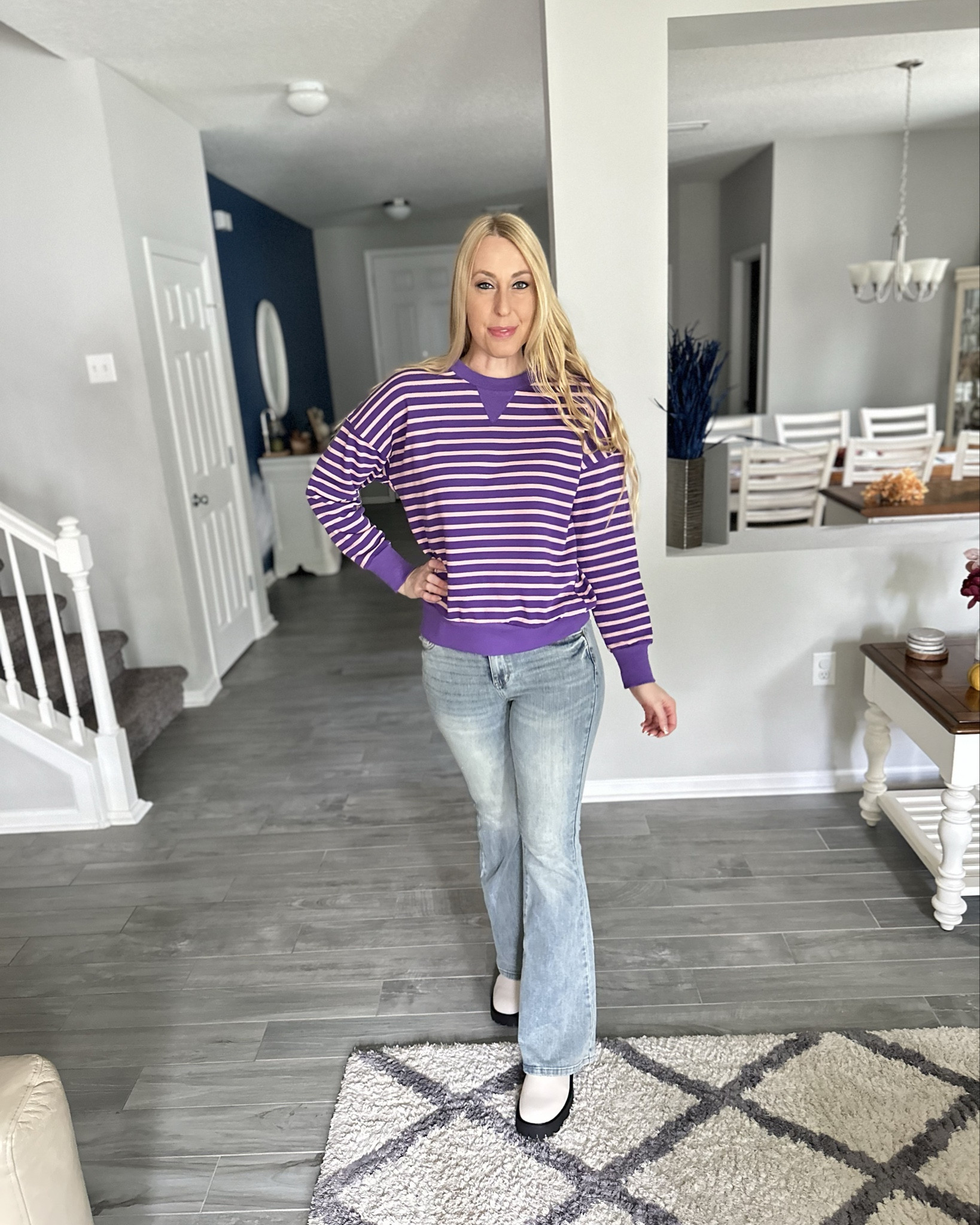 Purple striped sweatshirt 
💖 oversized and super comfy
💖 wearing size small fits true to size 

#LTKStyleTip #LTKFindsUnder50 #LTKFindsUnder100
