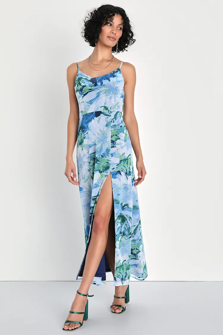 Flowery Passion Blue Floral Print Cowl Neck Midi Dress | Lulus (US)