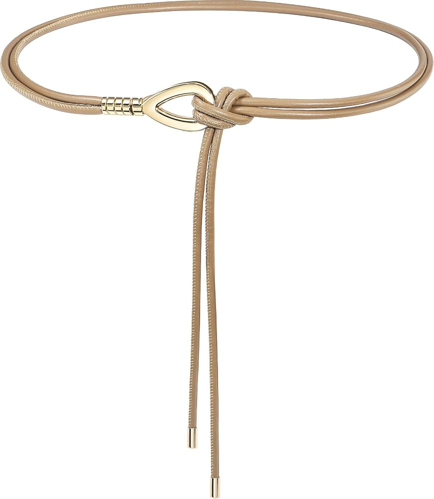 Women Knotted Skinny PU Leather Waist Belt Gold Buckle for Dresses | Amazon (US)